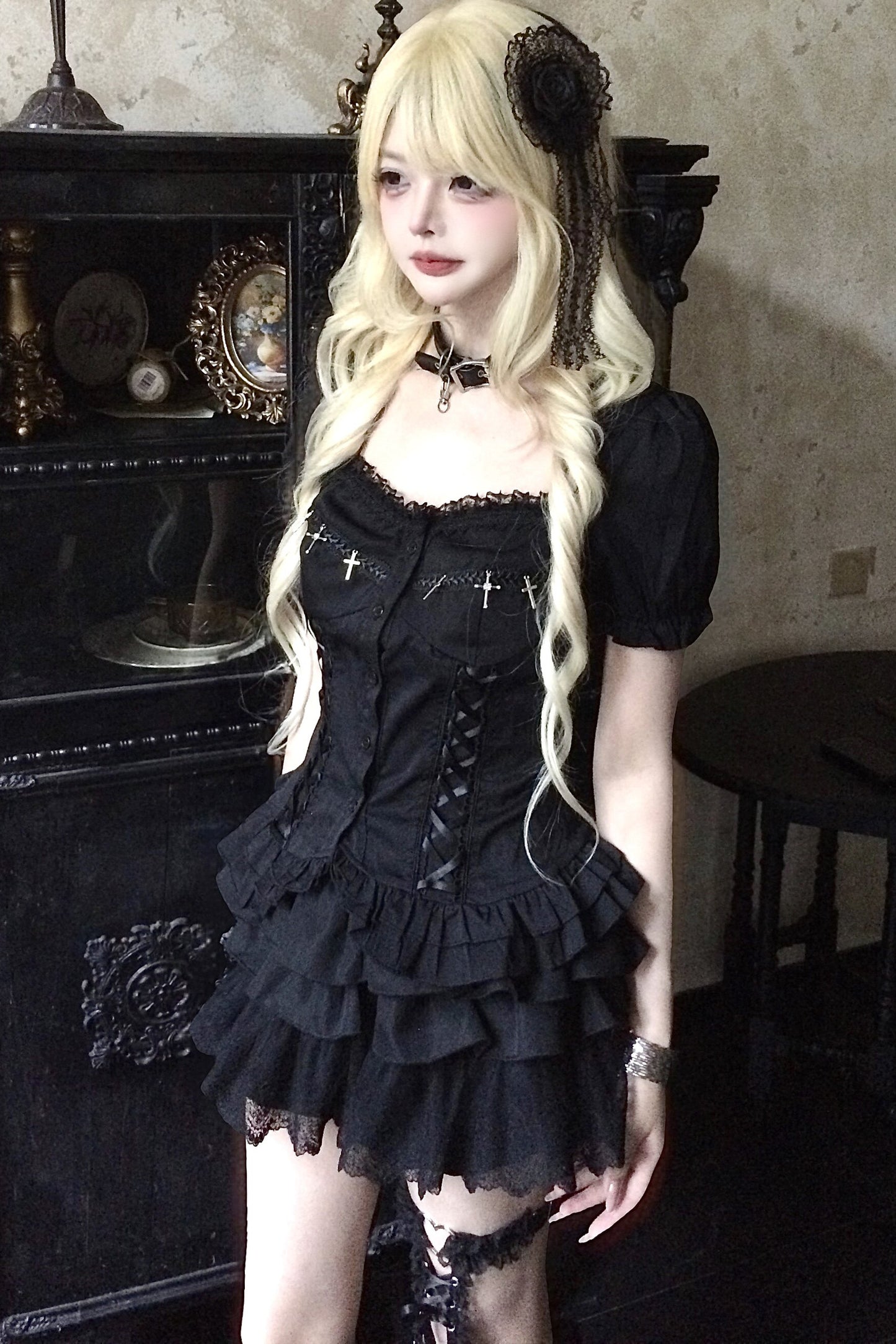 Black Cross Lace Top and Ruffle Skirt Set