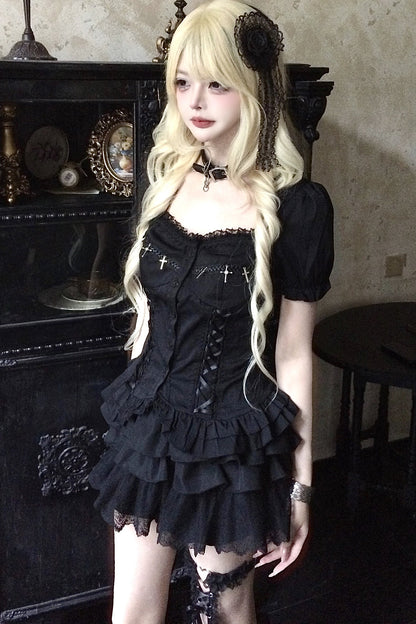Black Cross Lace Top and Ruffle Skirt Set