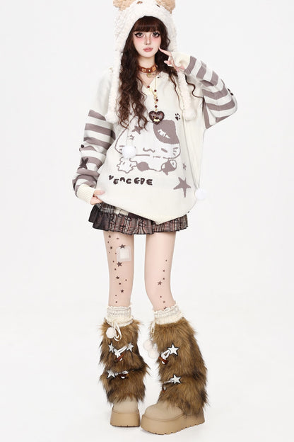 Cat Eating Fish Jacquard Hooded Sweater