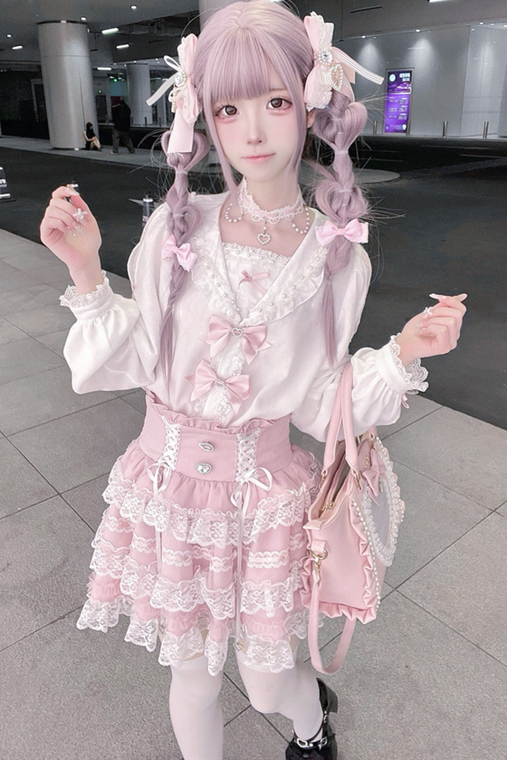 Sailor Collar Long-Sleeve Shirt and Tiered Skirt Set-Up