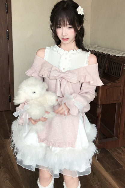 Moon Rabbit Big Bow Off-Shoulder Top and Skirt Set