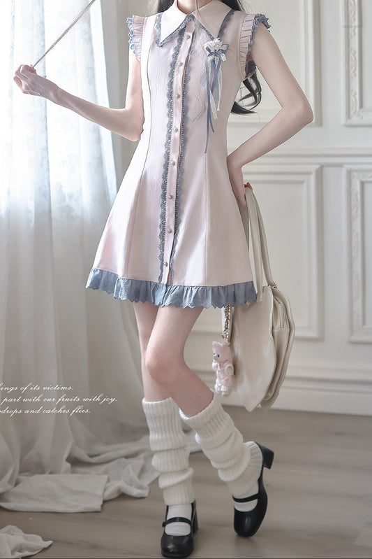 Completo con abito senza maniche in stile cinese rosa e blu