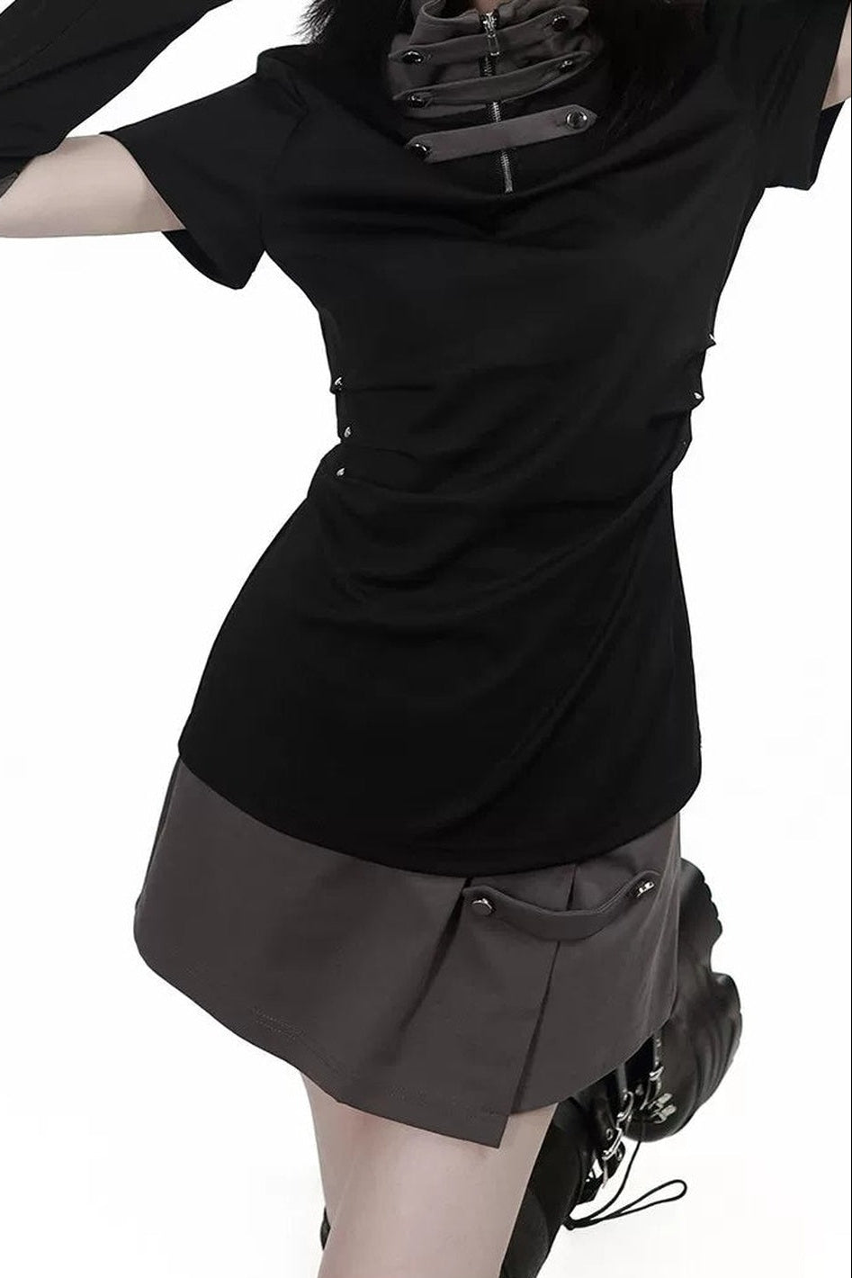 Black and Gray Stand-Up Collar Summer Short Skirt Set-Up