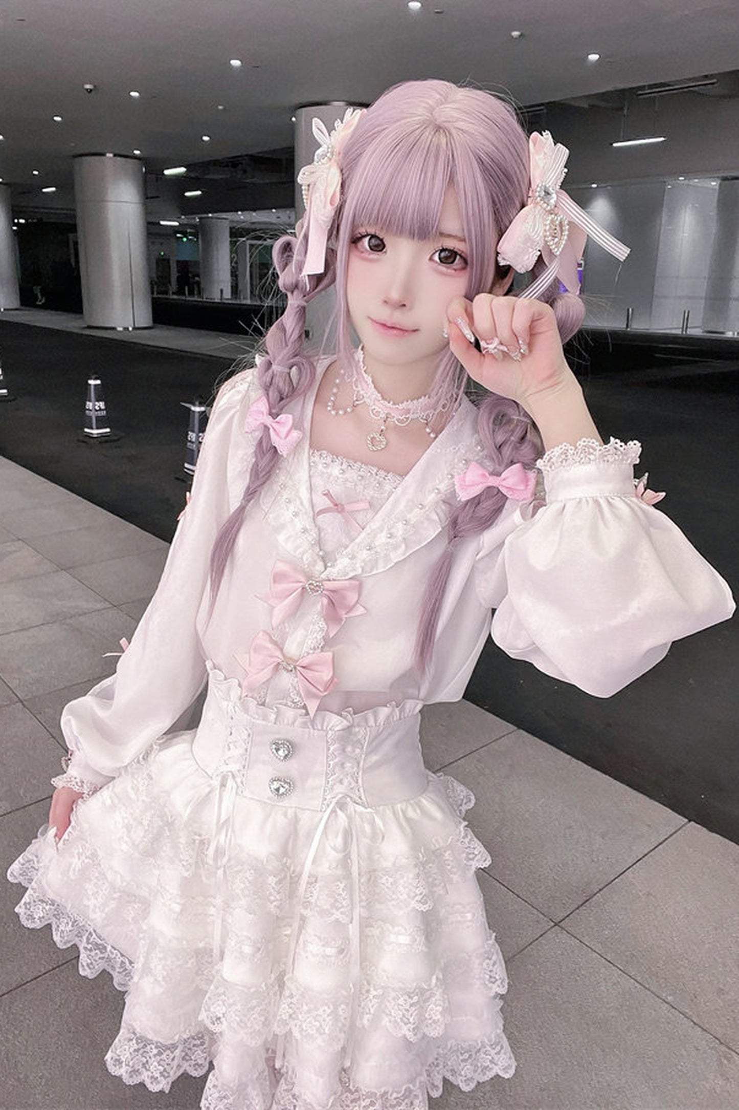 Sailor Collar Long-Sleeve Shirt and Tiered Skirt Set-Up