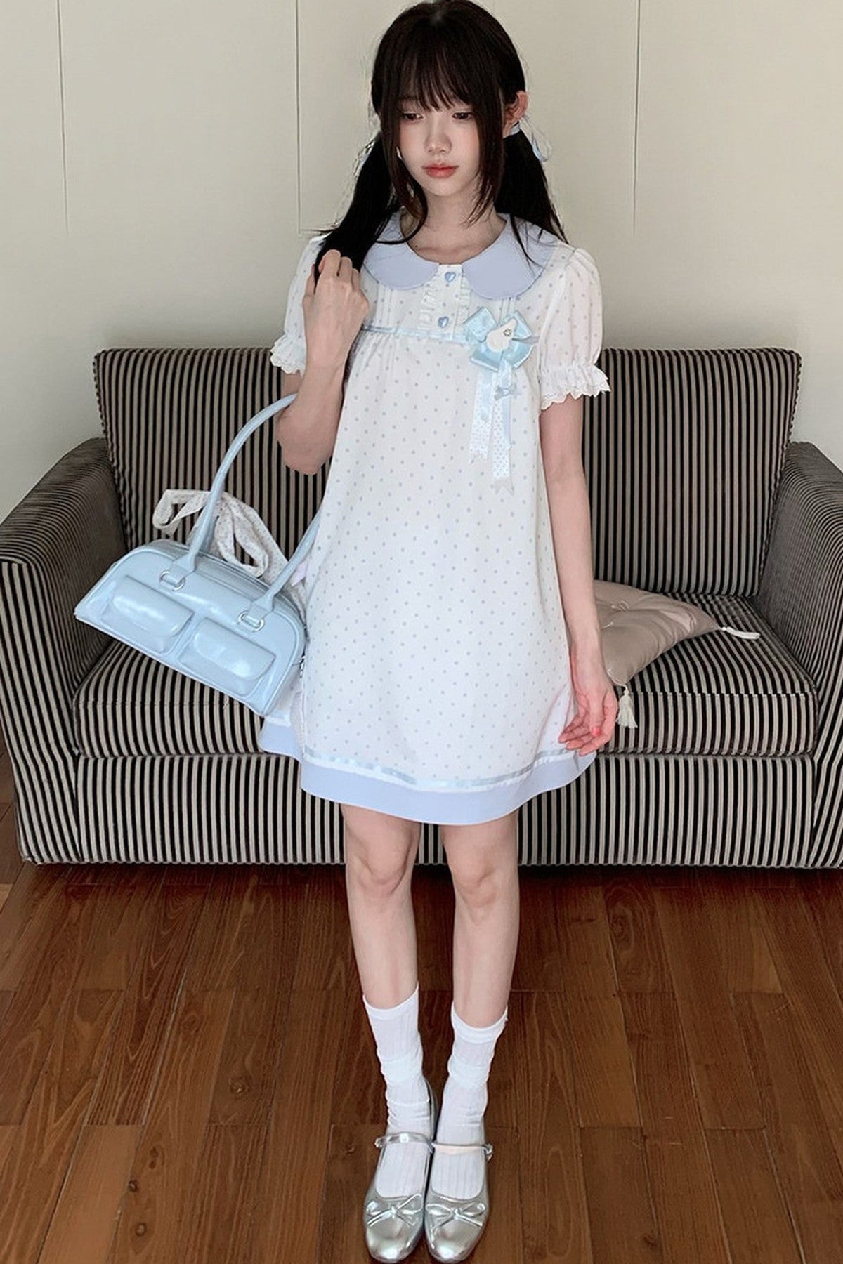 Polka Dot Doll Collar Puff Sleeve Dress