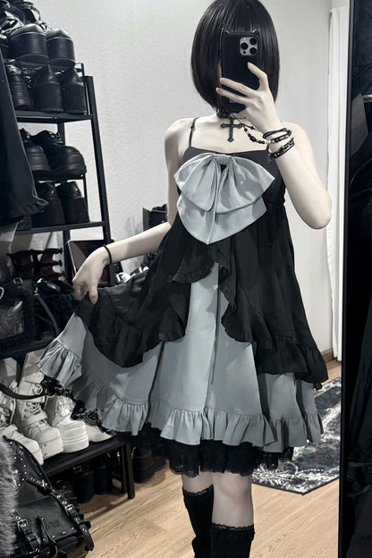 Double-Layer Open-Front Large Bow Suspender Dress