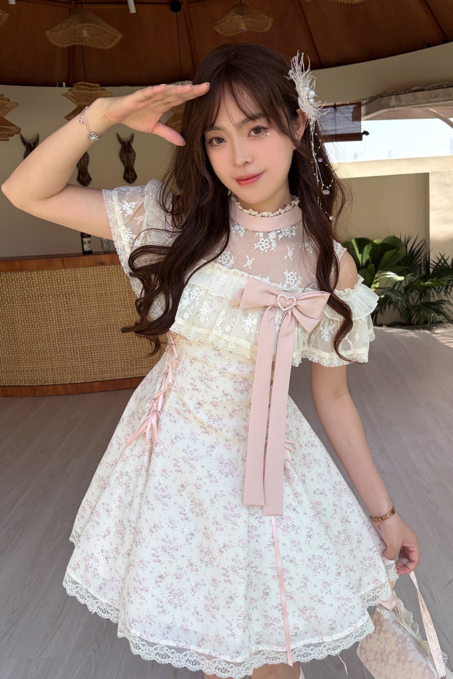 ピンクローズリボンフレアワンピース