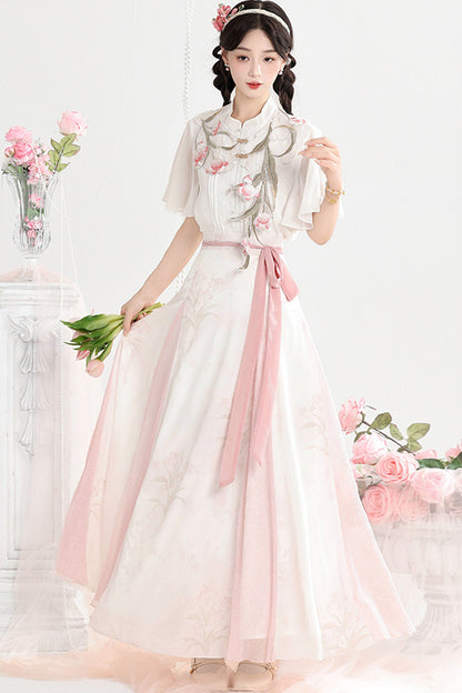 Rosa Hanfu-Hemd-und-Rock-Set mit nebligen Tulpen