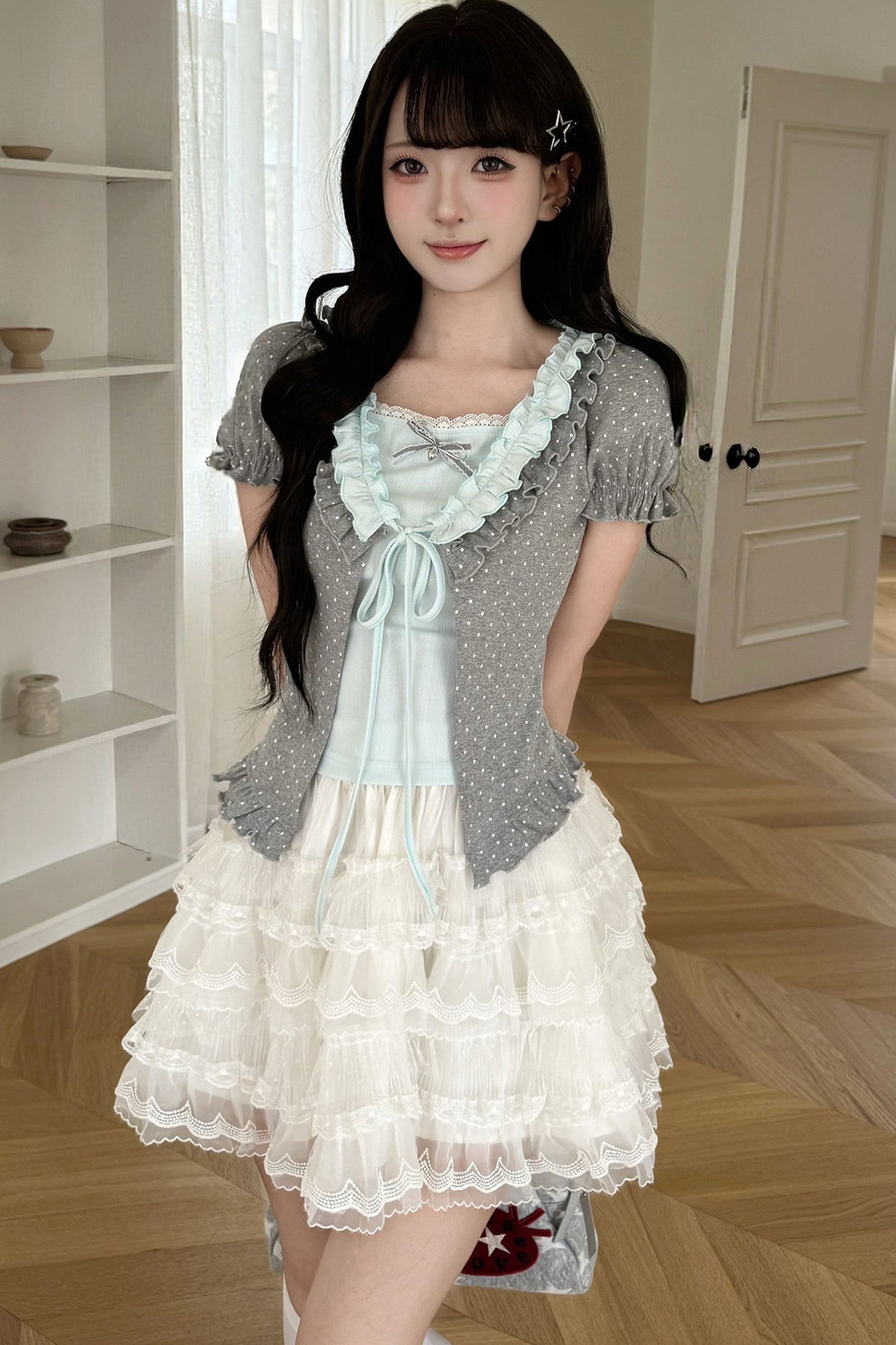 Polka Dot Layered-Look Top and Skirt Set-Up
