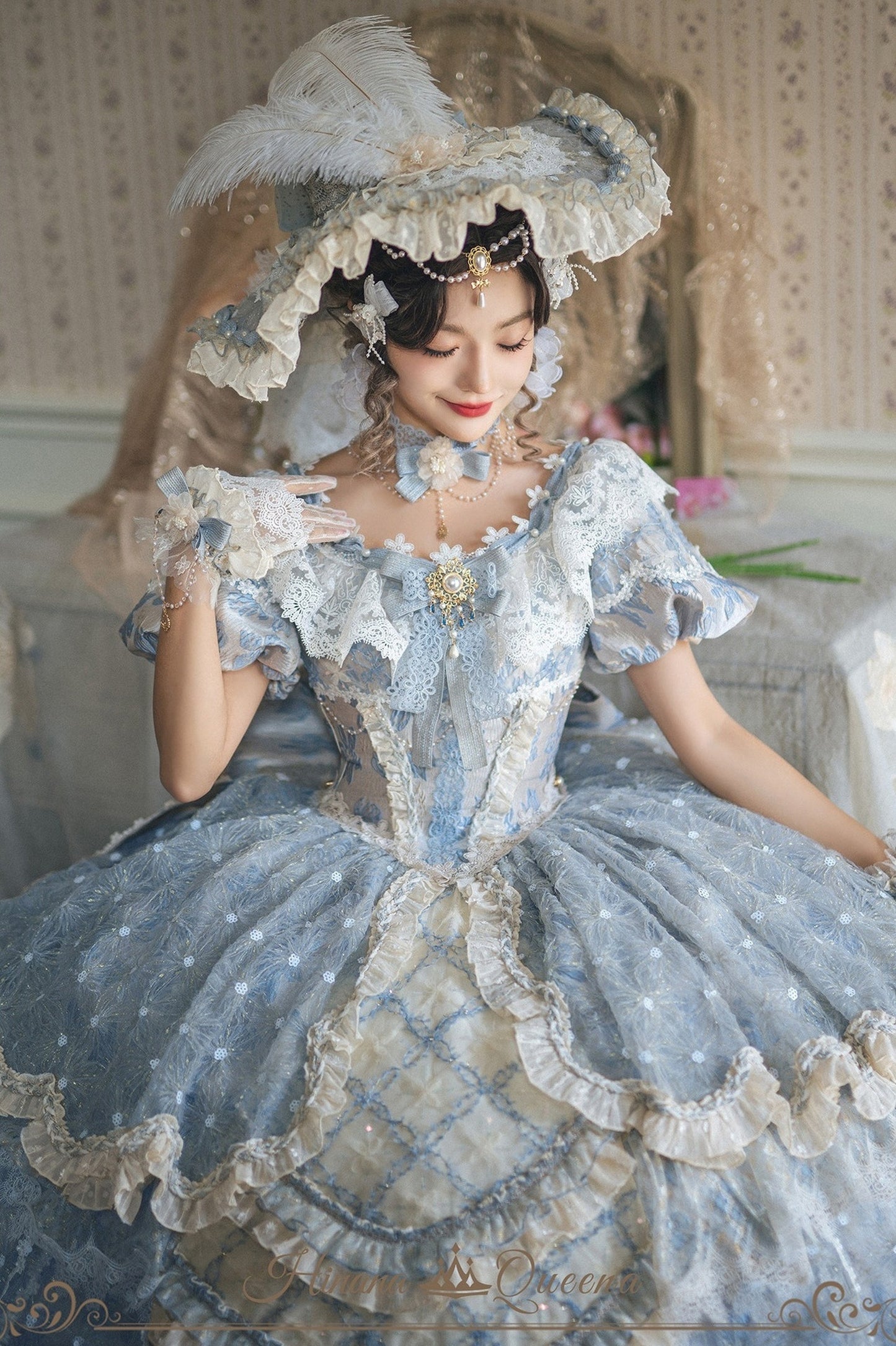 【9月10日予約締切】Pink/Blue Rococo Fantasy Puff Sleeve Ribbon Tiered Princess Lolita Dress Bridal＋Full set[Op Dress + Feather Hat + Choker + Back Ribbon Train + Lace Gloves]