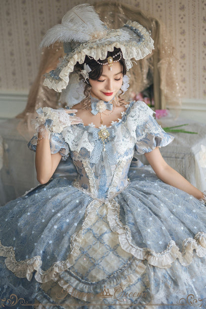 【9月10日予約締切】Pink/Blue Rococo Fantasy Puff Sleeve Ribbon Tiered Princess Lolita Dress Bridal＋Full set[Op Dress + Feather Hat + Choker + Back Ribbon Train + Lace Gloves]