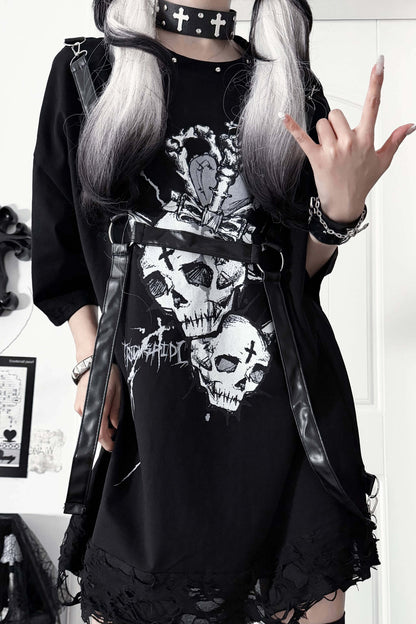 Loose Short-Sleeve Belted Patchwork T-Shirt