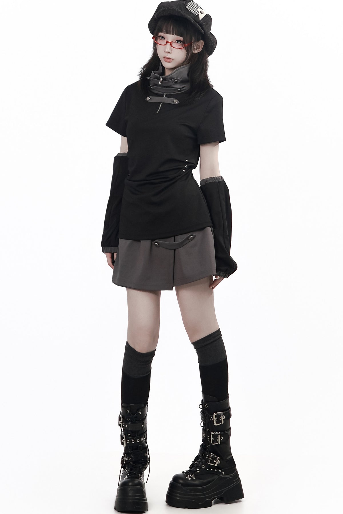 Black and Gray Stand-Up Collar Summer Short Skirt Set-Up