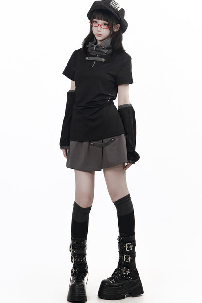 Black and Gray Stand-Up Collar Summer Short Skirt Set-Up