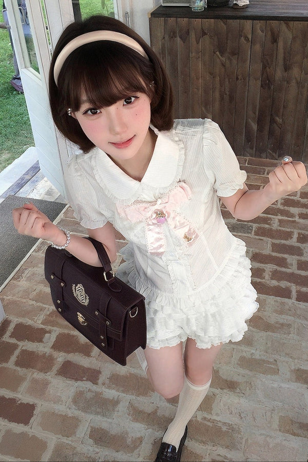 Loose Peach Textured Plaid Doll Shirt And Lace Dress Set-Up