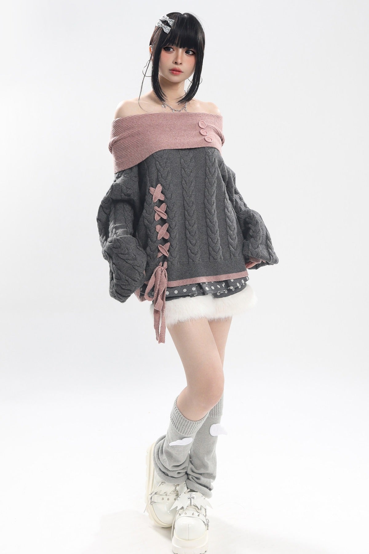 Off-Shoulder Cat Heart Knit Sweater