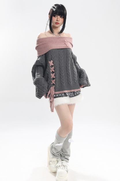 Off-Shoulder Cat Heart Knit Sweater