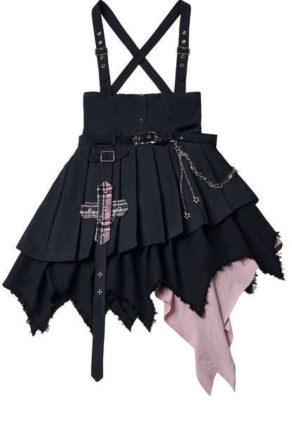 Retro Plaid Off-Shoulder Shirt and Suspender Skirt Set-Up