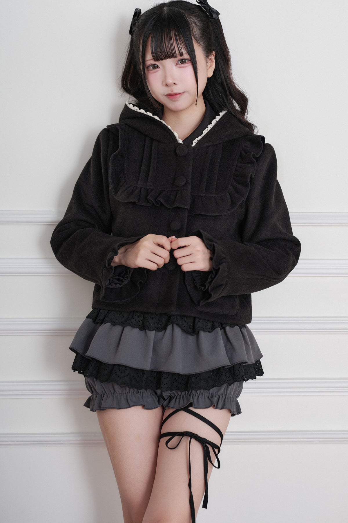 Ruffle Hooded Wool Jacket