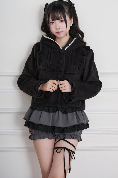 Ruffle Hooded Wool Jacket