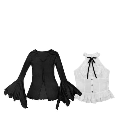 Gothic Bell Sleeve V-Neck Top Set