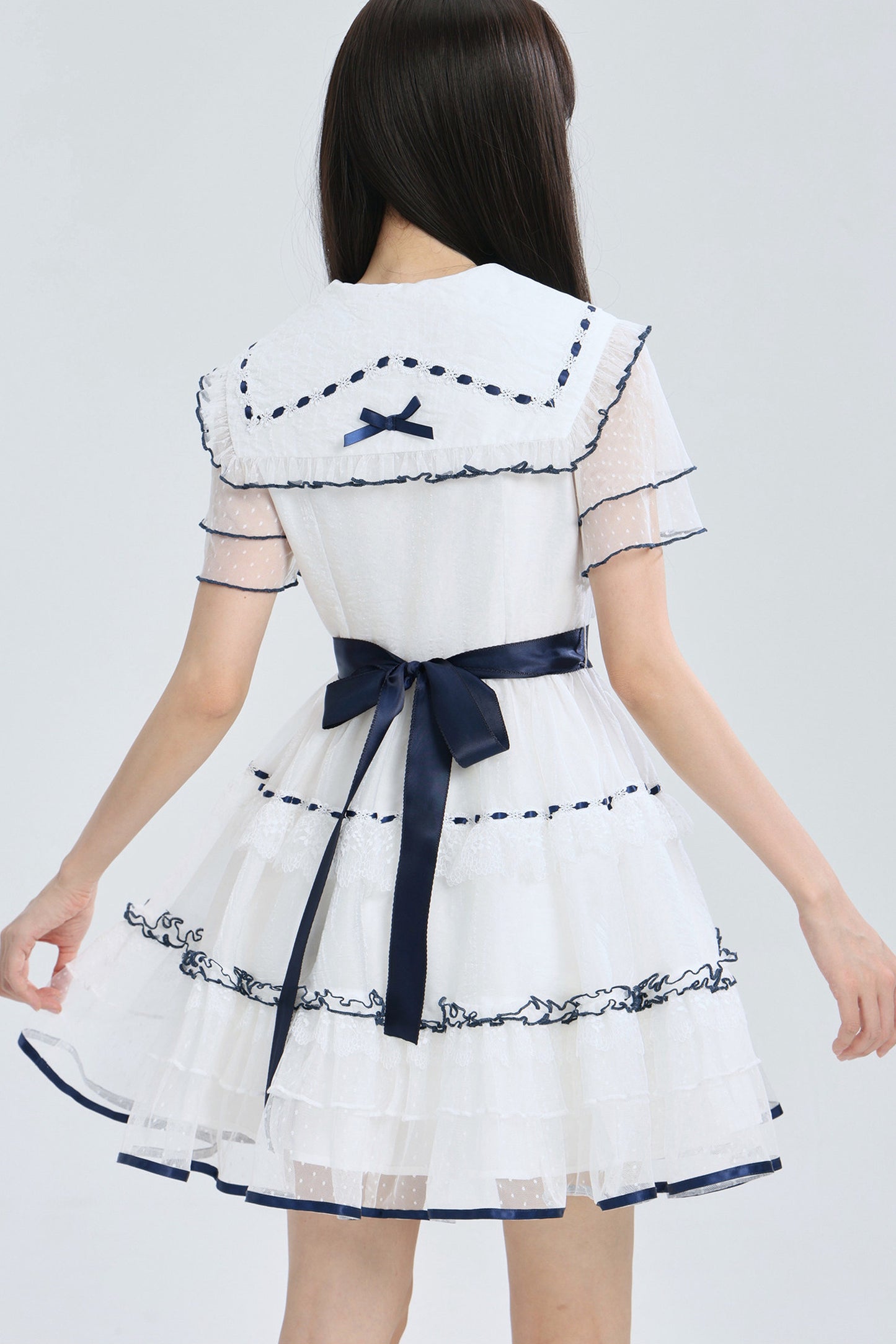 Navy Collar Bird Embroidery Tiered Ribbon Dress