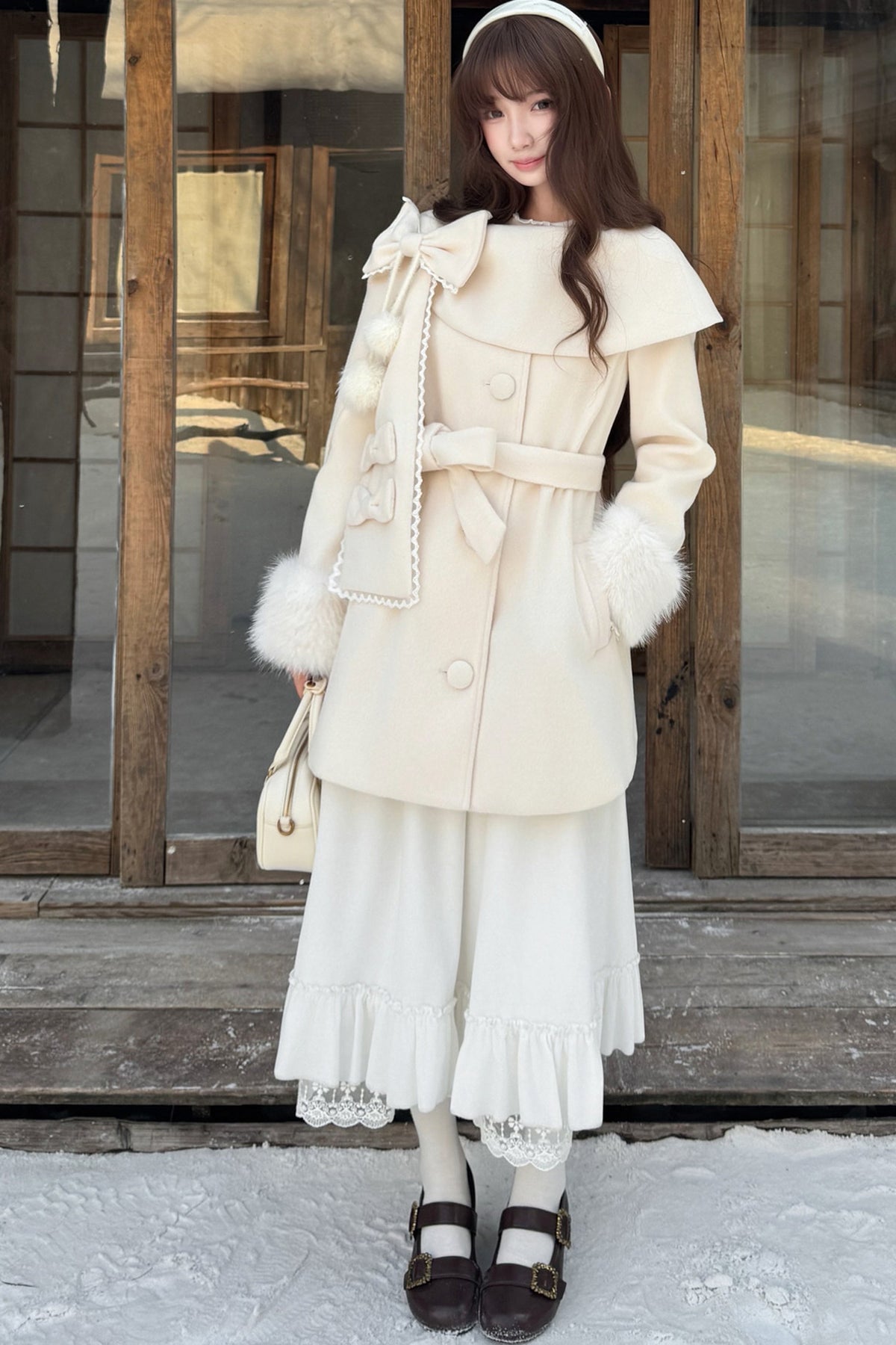 Apricot Wool Cape Coat and Skirt Set