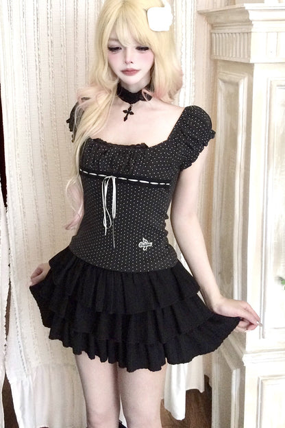 Polka Dot Lace Trim Tie-Up T-Shirt and Ruffle Skirt Set