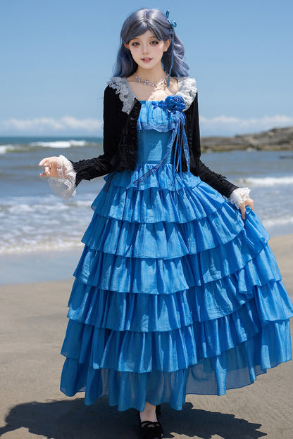 Seven-Layer Ruffle Square Neck Dress, Hair Accessory and Jacket Set-Up