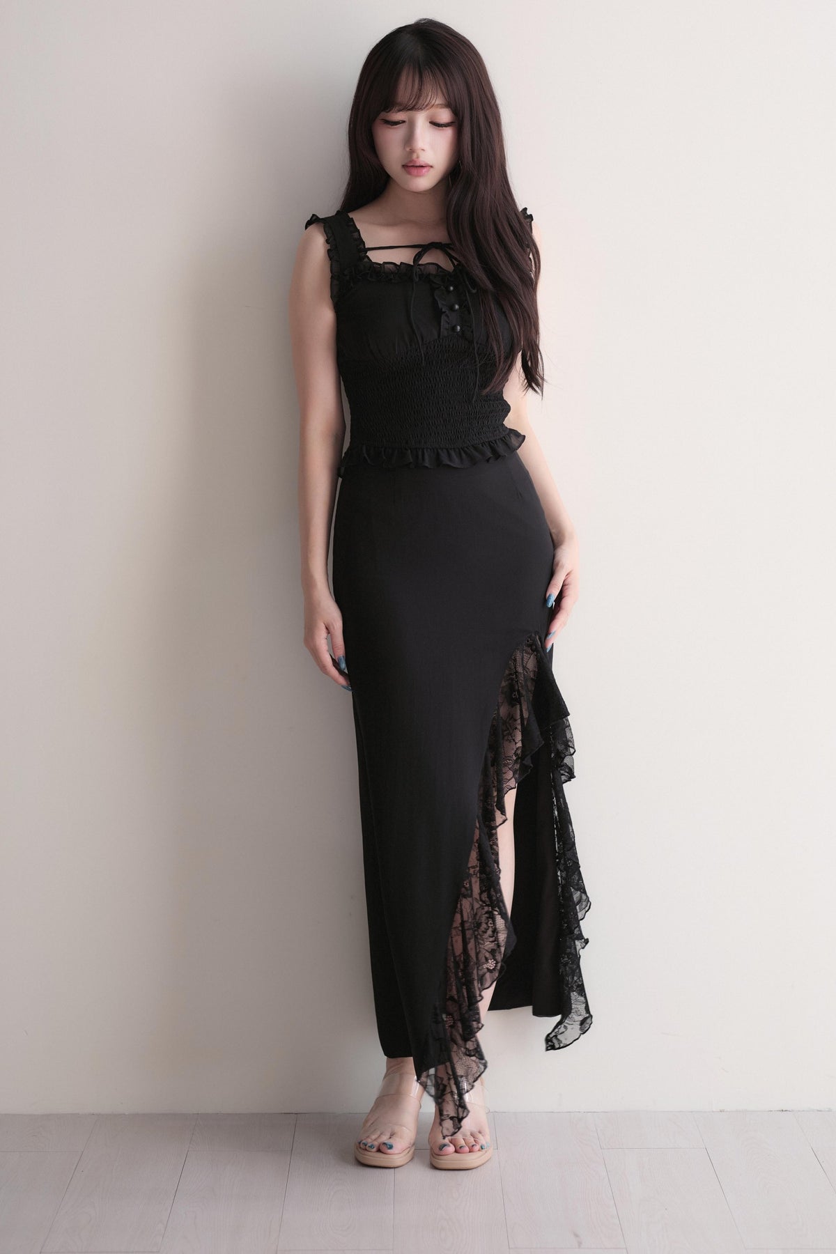 Elegant Ruffle Top & Lace Slit Skirt Set