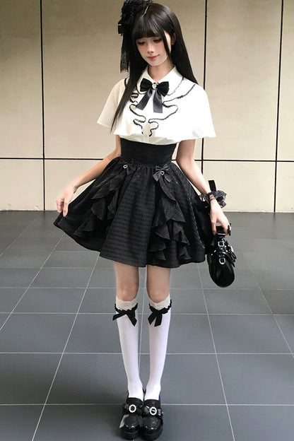 Black-White Cape Blouse And Plaid Skirt Set-Up
