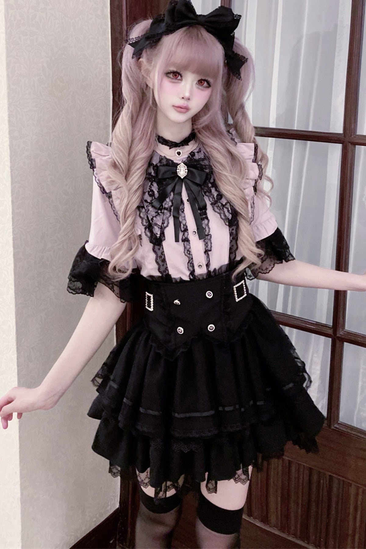Cherry Short-Sleeved Lace Collar Shirt and Skirt Set-Up