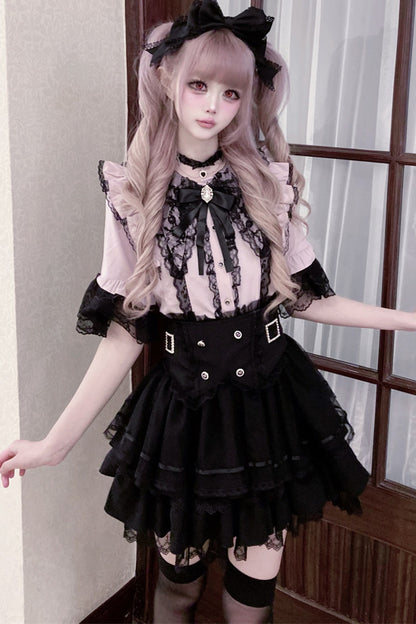 Cherry Short-Sleeved Lace Collar Shirt and Skirt Set-Up