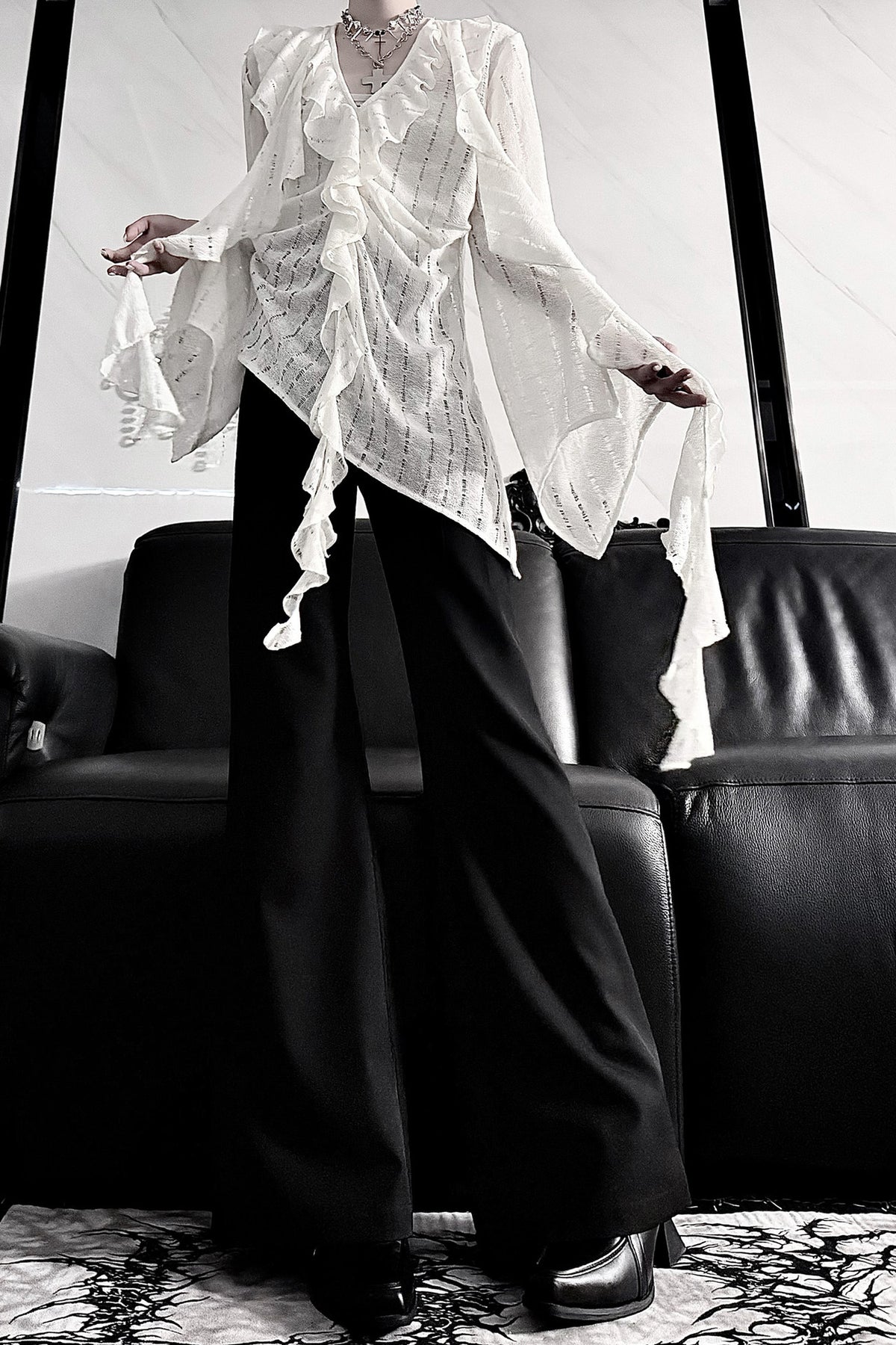 Ruffle V-Neck Lace Blouse