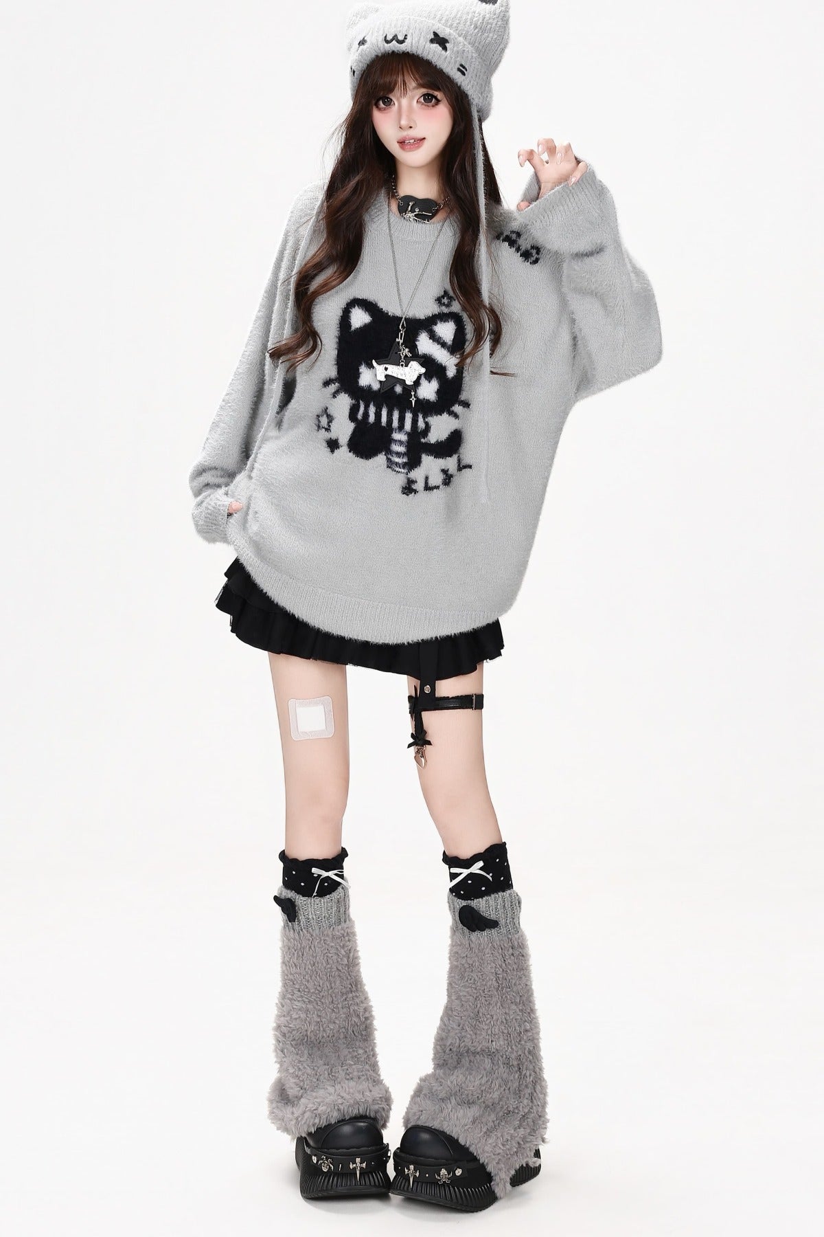 Cat Jacquard Loose Knit Pullover Sweater