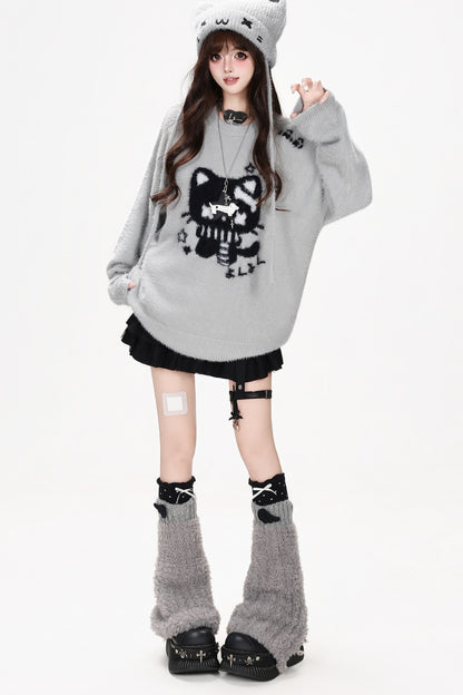 Cat Jacquard Loose Knit Pullover Sweater
