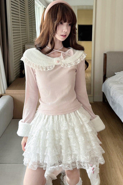 Cat Plush Collar Halter Knit Top and Skirt Set