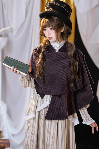 Purple Black Striped Velvet Hooded Cape