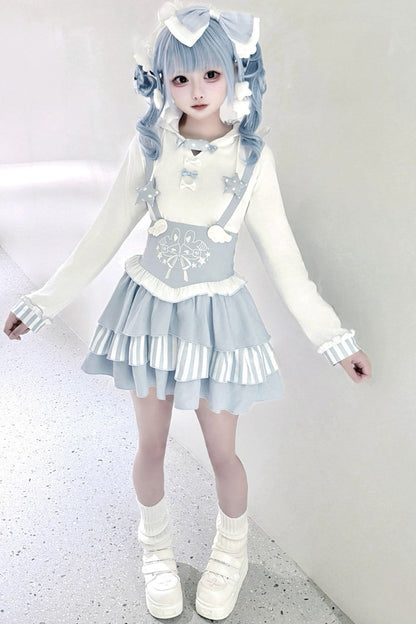 Bunny Ear Hooded Sweatshirt Suspender Skirt With Top Set-Up