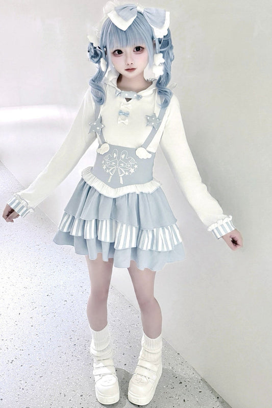Bunny Ear Hooded Sweatshirt Suspender Skirt With Top Set-Up