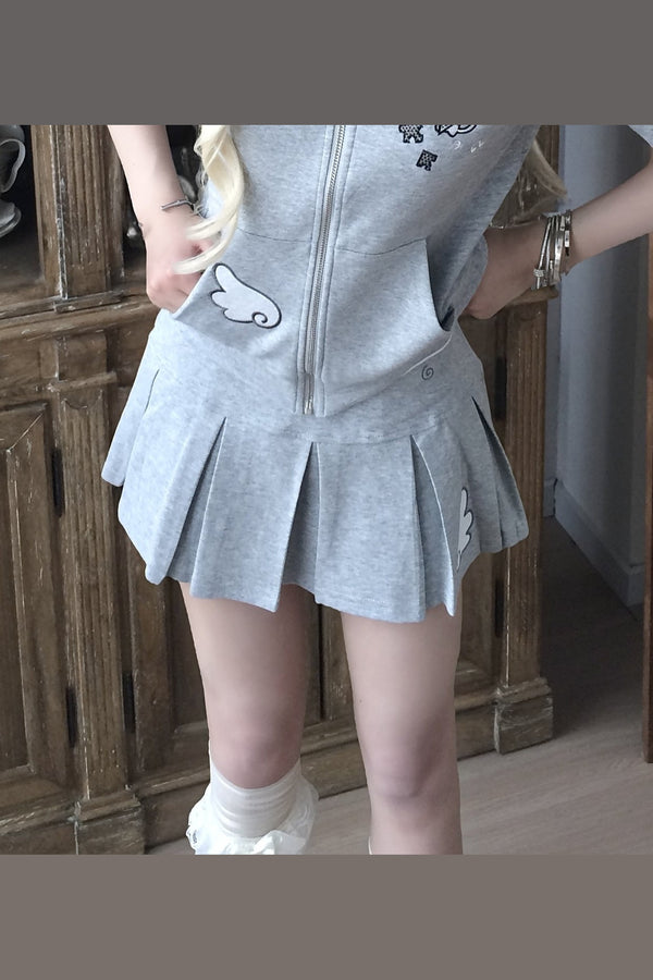 Kitten Embroidery Hooded Cardigan and Pleated Skirt Set