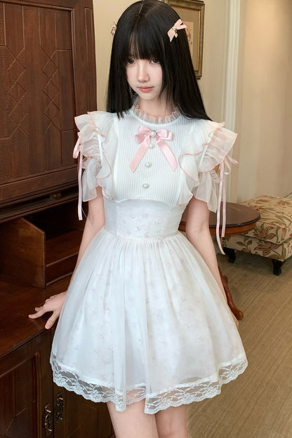 Three-Layer Waist Pearl Button Pink Bow Dress