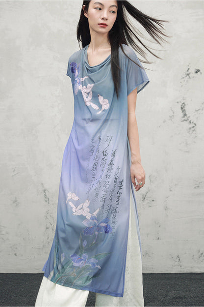 Blaues Oberteil im China-Stil mit Farbverlauf