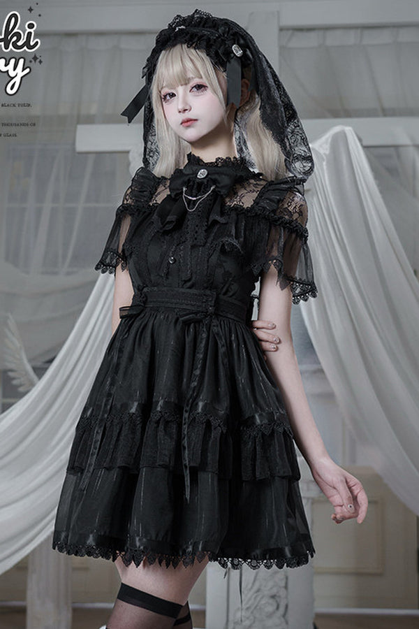 Gothic Short-Sleeve Tulle Waist Belt Dress Set-Up