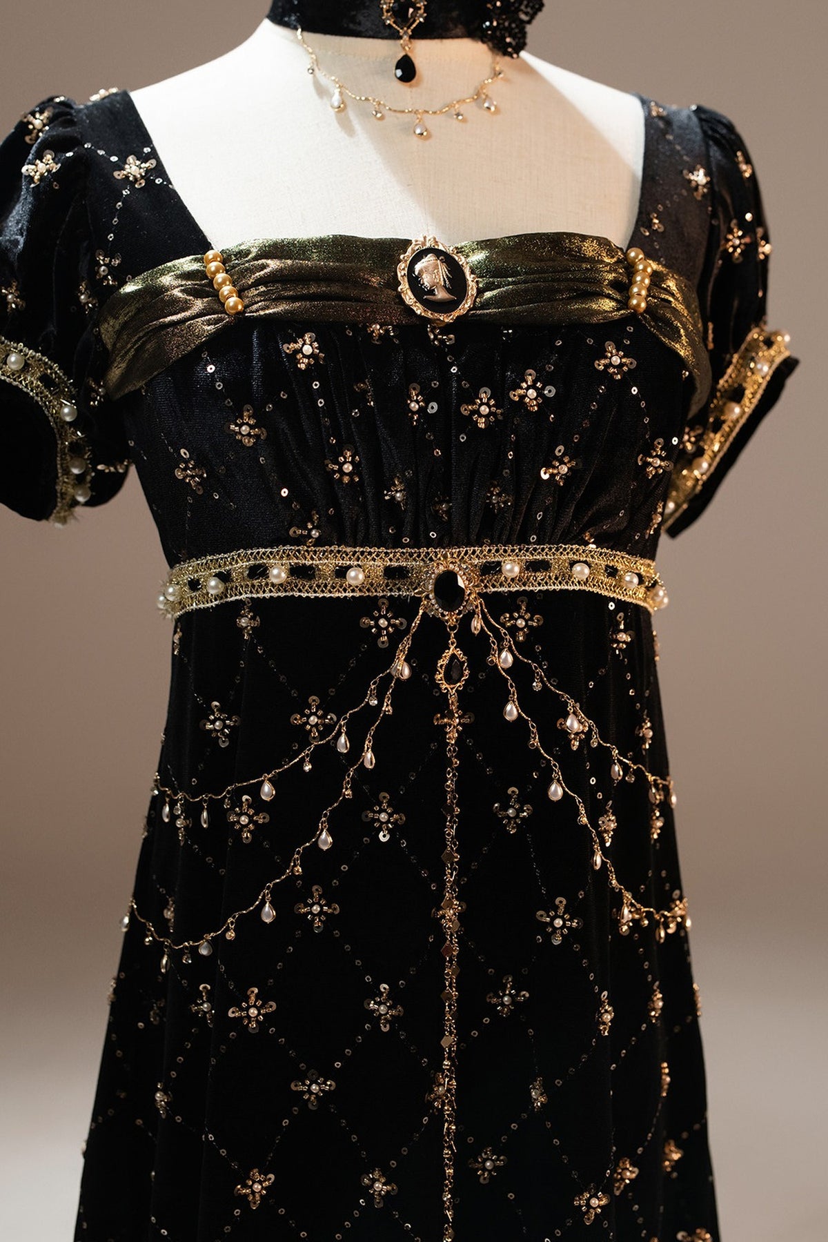 Black Gold Beaded Empire Dress