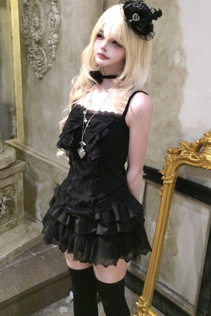 Gothic Black Lace Camisole and Skirt Set