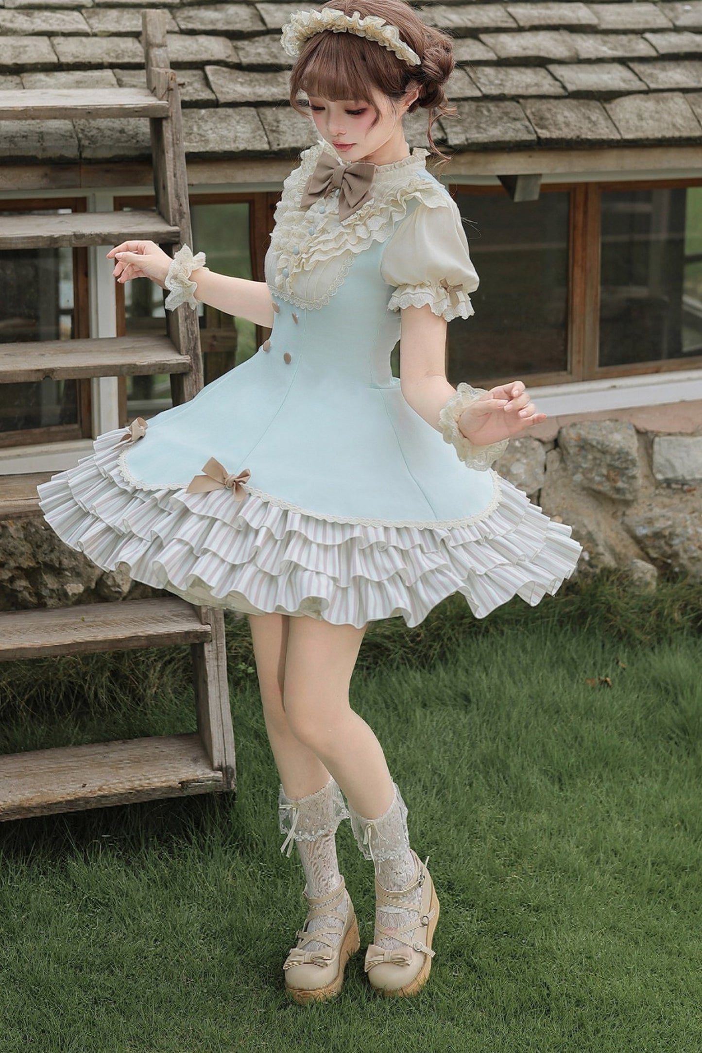 Lace Stand Collar Petal Hem Ruffle Dress
