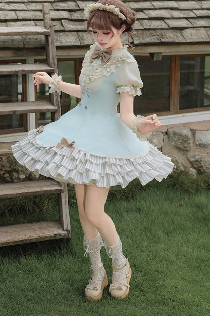 Lace Stand Collar Petal Hem Ruffle Dress