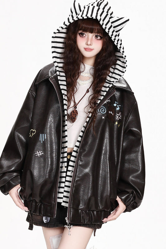 Bear Embroidered Cat Ear Leather Jacket