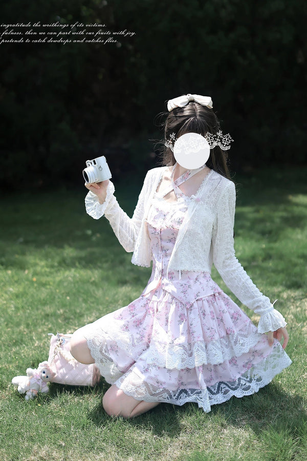 クロスフラワートップス＋スカート＋レースカーディガン